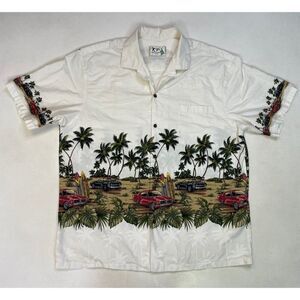 VINTAGE Ky's Car Palm Tree Print Hawaiian Shirt Men XL Short Sleeve